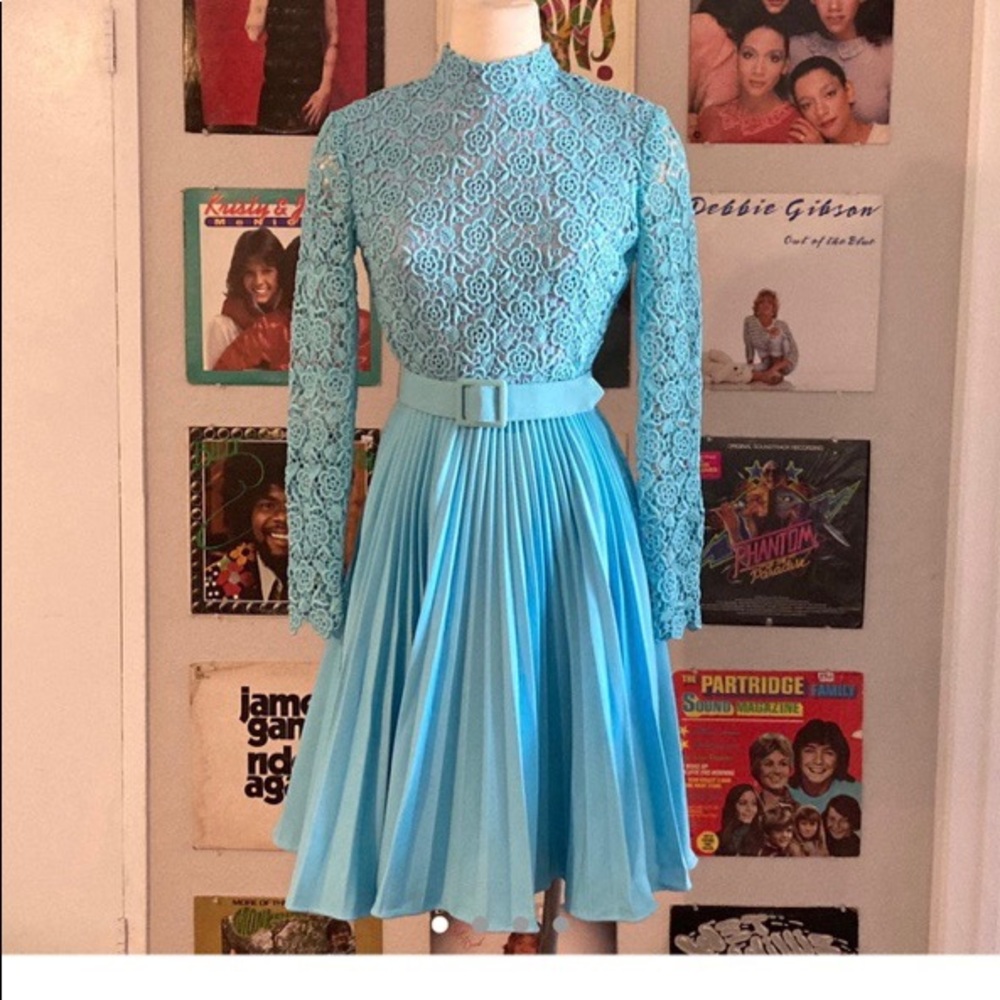 60s Baby Blue Lacy Mockneck Vintage Dress
